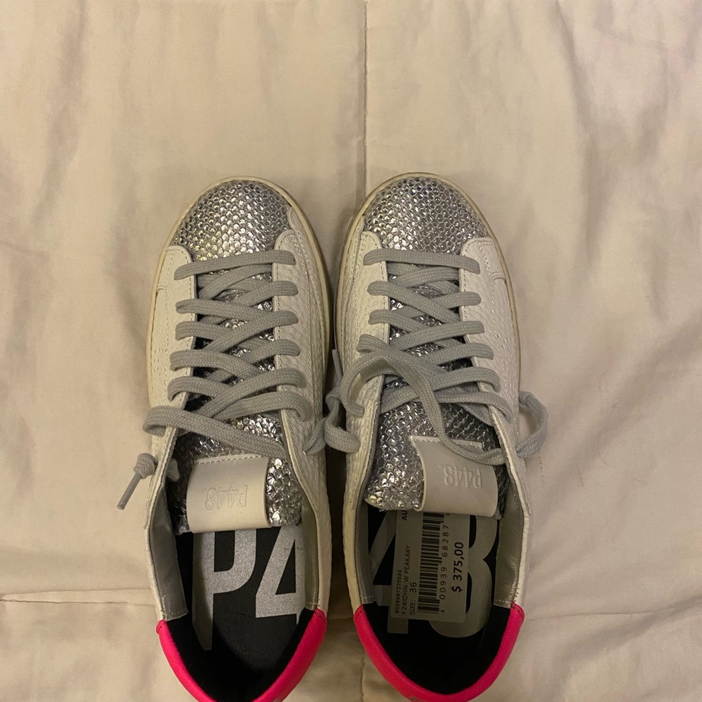 P448 Silver and White Sneakers with Pink Highlights